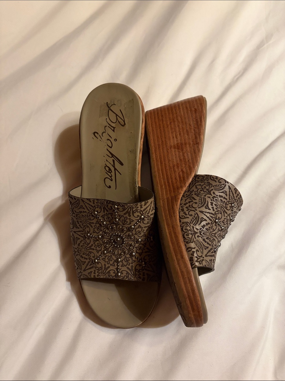 Brighton Milano Taupe Laser-Cut Beaded Mule Slides